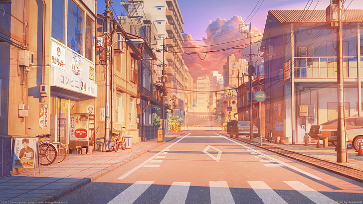 خلفية رسم الشارع ، اليابان ، طوكيو ، شارع ، مبنى ، دراجة ، معبر ، فن رقمي ، منزل ، علامة ، غيوم ، سماء ، سيارة ، متاجر ، غروب الشمس، خلفية HD