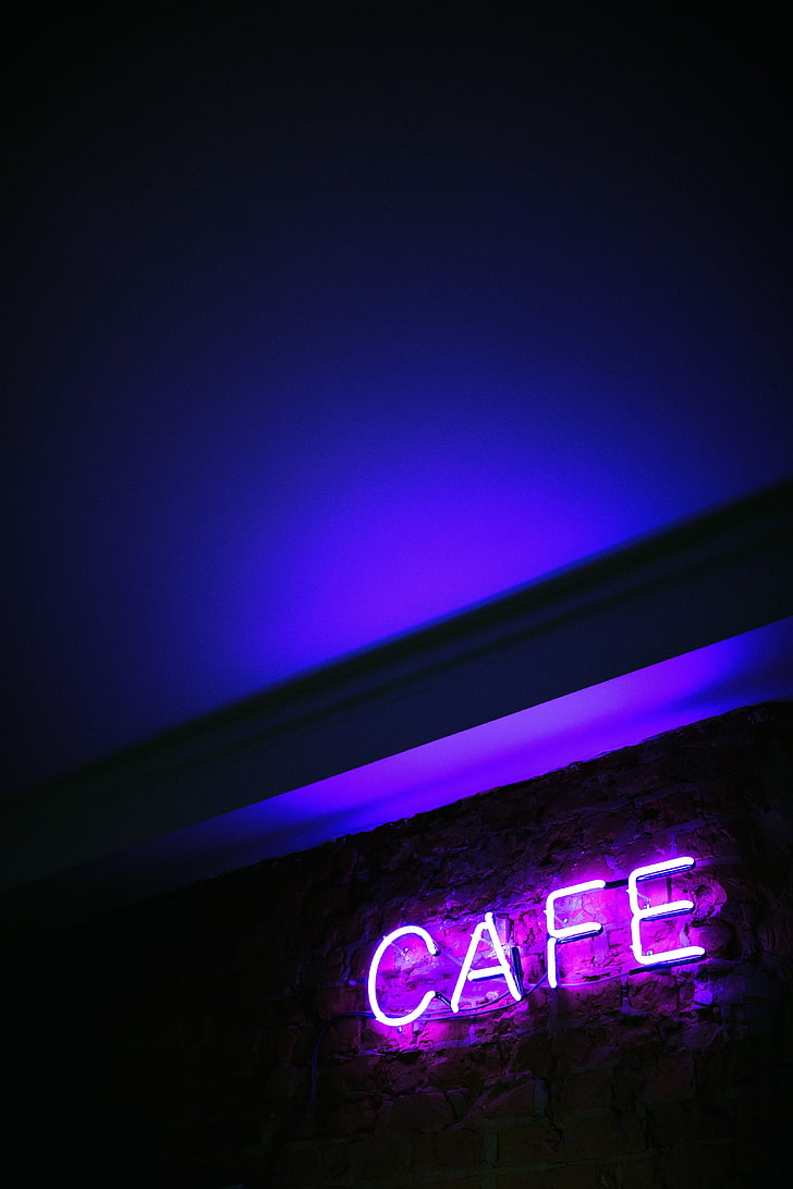 Neonowy znak kawiarni, neon, napis, kawiarnia, litery, oświetlenie, Tapety HD, tapety na telefon