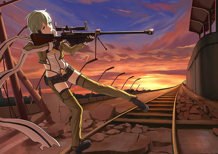 аниме, аниме девушки, Sword Art Online, Асада Шино, короткие волосы, снайперская винтовка, пистолет, оружие, HD обои