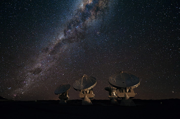 gray satellites, stars, The milky way, galaxy, radio telescope, HD wallpaper