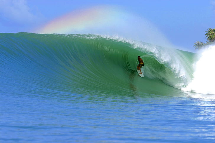 Rainbow Waveflow, men's white surfboard, yellow, blue, green, ahhh, 3d and abstract, HD wallpaper