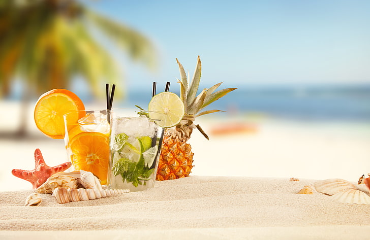 pineapple fruit, summer, beach, sand, fruit, drinks, tropical, cocktails, HD wallpaper
