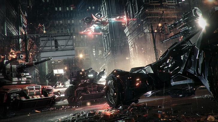 verschiedene Fahrzeuge in der Stadt Tapete, Batman: Arkham Knight, Rocksteady Studios, Batman, Gotham City, Videospiele, Batmobil, HD-Hintergrundbild