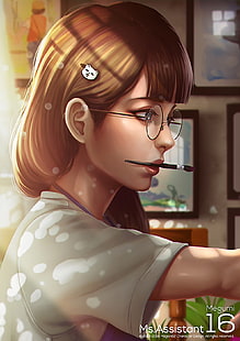 anime, gadis anime, rambut panjang, berambut cokelat, kacamata, mata biru, Wallpaper HD HD wallpaper