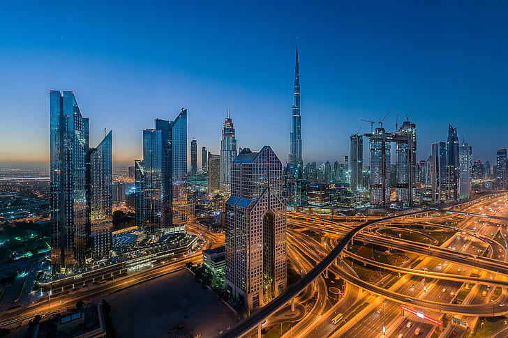 night, the city, lights, blue, view, building, tower, skyscrapers, the evening, morning, lighting, Dubai, architecture, megapolis, UAE, illumination, transport interchange, HD wallpaper