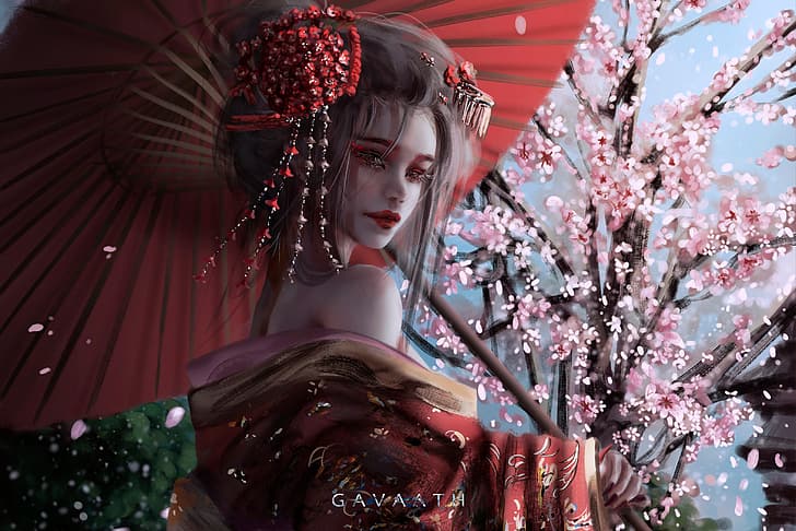 digital painting, geisha, original characters, umbrella, sakura (tree), artwork, Gavaath (Artist), HD wallpaper