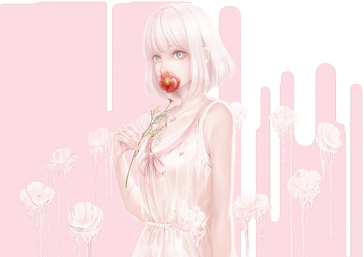 anime girl, pastel colors, flower, short hair, necklace, Anime, HD wallpaper