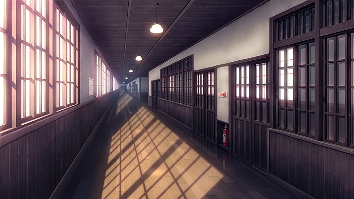 ilustrasi koridor, lorong, jendela, sekolah, pintu, anime, Wallpaper HD