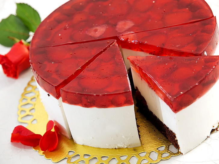 white and red-icing covered cake, berries, rose, food, petals, strawberry, dessert, sweet, jelly, the, HD wallpaper