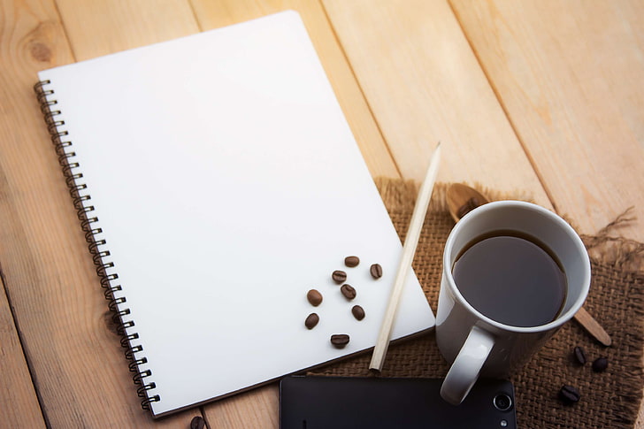 beverage, black coffee, blank, coffee, coffee break, cup, desk, document, drink, morning, notebook, office, page, paper, pencil, smartphone, table, wood, wooden, writing, HD wallpaper