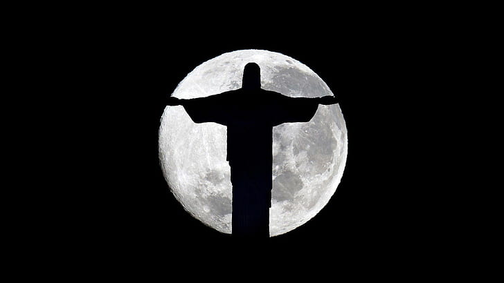 statue, Christianity, Brasil, town, moonlight, city, silhouette, religious, Christ the Redeemer, Rio de Janeiro, Moon, Jesus Christ, black background, night, religion, sculpture, HD wallpaper