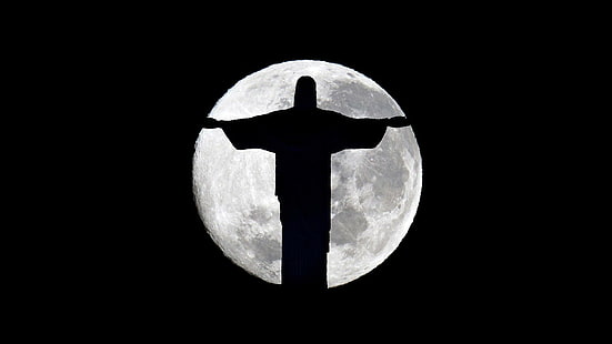 patung, Kristen, Brasil, kota, sinar bulan, kota, bayangan hitam, agama, Kristus sang Penebus, Rio de Janeiro, Bulan, Yesus Kristus, latar belakang hitam, malam, agama, patung, Wallpaper HD HD wallpaper