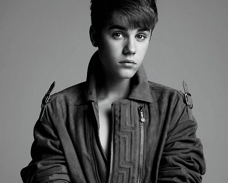 Justin Bieber, justin bieber, dark-haired, male, singer, black and white jacket, HD wallpaper
