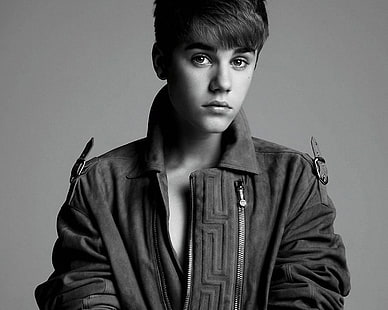 Justin Bieber, justin bieber, chaqueta de pelo oscuro, hombre, cantante, blanco y negro, Fondo de pantalla HD HD wallpaper