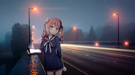 Kantoku, seragam sekolah, jalan, malam, lampu jalan, gadis-gadis anime, Wallpaper HD HD wallpaper