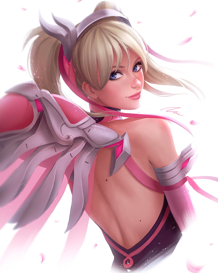 female anime character with wings digital artwork, Overwatch, Mercy, Mercy (Overwatch), Pink Mercy (Overwatch), wings, HD wallpaper