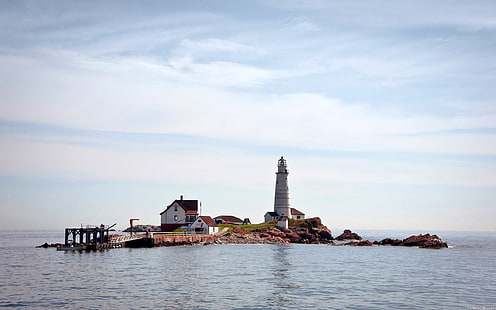 белый маяк, остров, маяк, HD обои HD wallpaper