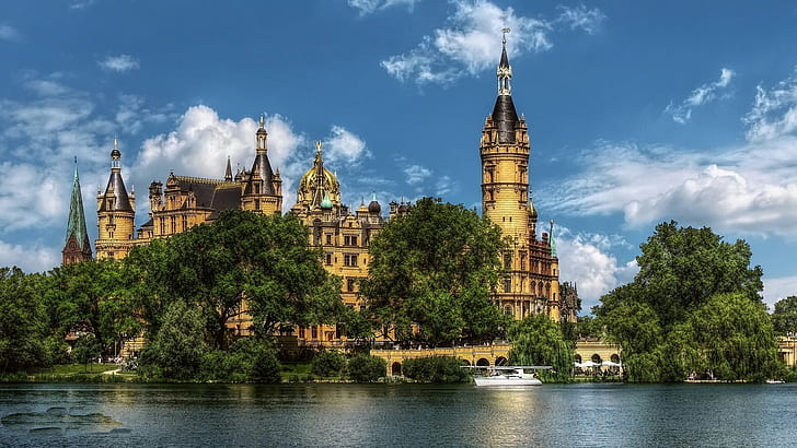 architecture building old building water trees germany lake castle tower clouds schwerin palace, HD wallpaper