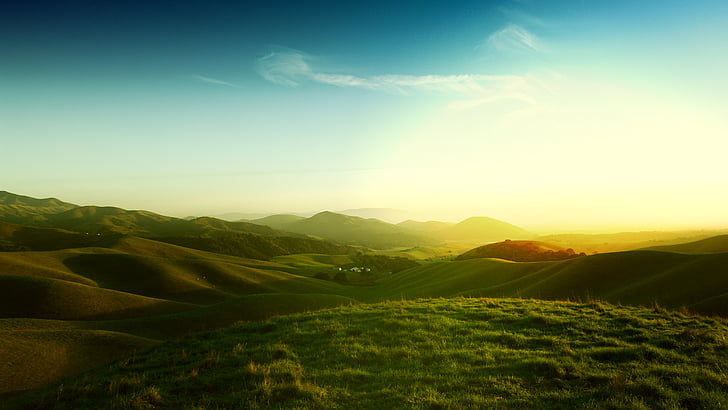 grüne Rasenfläche, Kalifornien-Hügel, Sonnenuntergang, HD, HD-Hintergrundbild