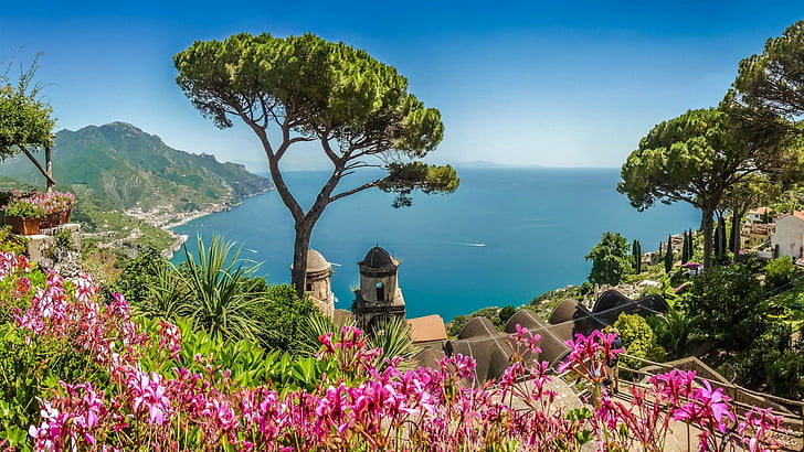 เมือง, Amalfi, ชายฝั่งทะเล, ดอกไม้, ขอบฟ้า, อิตาลี, มหาสมุทร, ทะเล, ต้นไม้, วอลล์เปเปอร์ HD