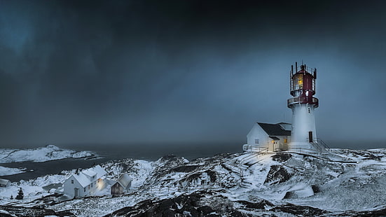 white and brown lighthouse and mountain, nature, landscape, clouds, trees, Norway, lighthouse, winter, snow, fence, rock, sea, storm, house, lights, HD wallpaper HD wallpaper