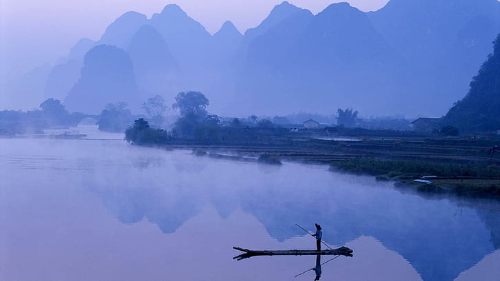 Река Ли на рассвете в Яншоу Китай, туман, лодка, горы, река, рассвет, природа и пейзажи, HD обои