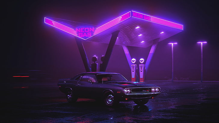 mobil berotot hitam, Penantang Dodge hitam dekat pompa bensin Neon, mobil, ungu, Retrowave, pemandangan, neon, violet, malam, cahaya neon, jalan basah, Wallpaper HD