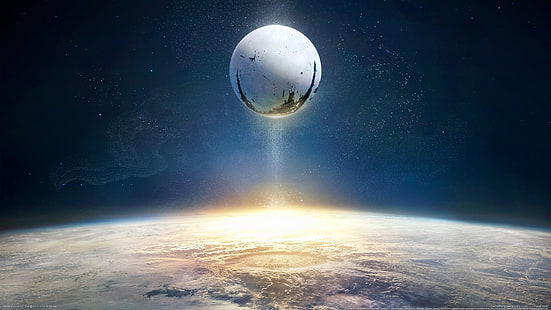 bulan dengan wallpaper latar belakang biru, luar angkasa, Bulan, planet, bintang, Destiny (video game), Wallpaper HD HD wallpaper