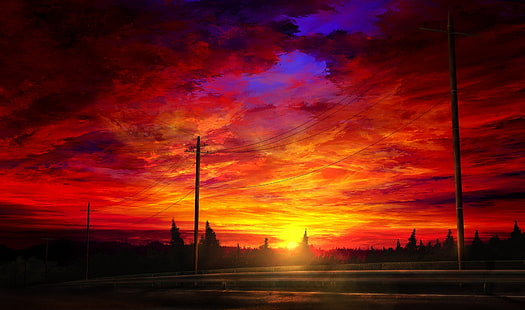 аниме закат, пейзаж, облака, небо, дорога, живописные, аниме, HD обои HD wallpaper