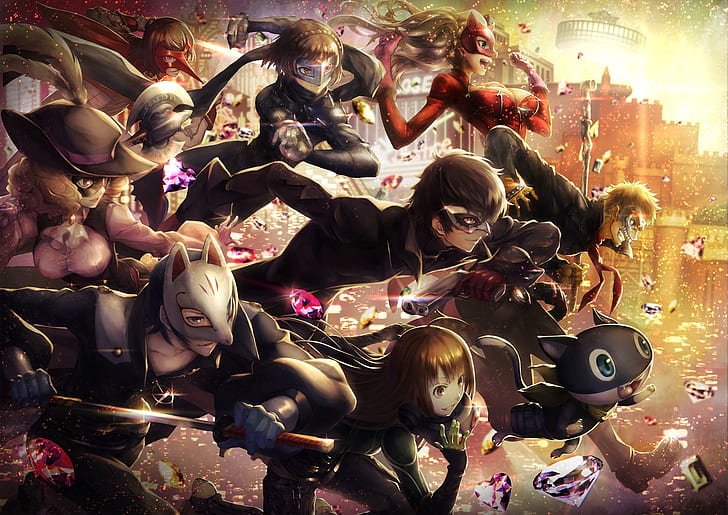 Persona 5, Akechi Goro, Kurusu Akira, Okumura Haru, Nijima Makoto, Anime, HD-Hintergrundbild