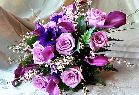 розови и лилави цветя букет, рози, кали, цветя, букет, декорация, листа, HD тапет HD wallpaper