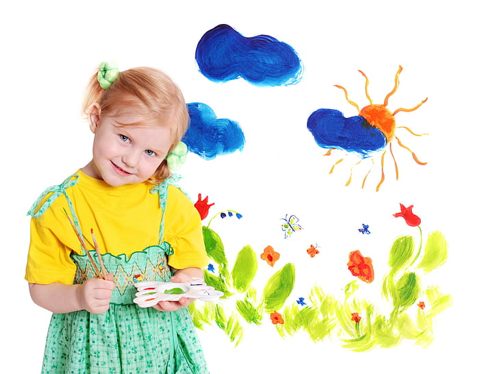 Акварельная живопись белокурой маленькой девочки, Акварель, Живопись, Блондинка, Маленькая, Девочка, HD обои