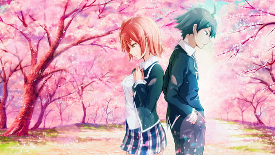 Oregano, Yuigahama Yui, Hikigaya Hachiman, Sakura-Baum, Schuluniform, Anime, HD-Hintergrundbild HD wallpaper