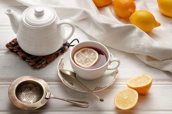 tea, kettle, Cup, dishes, citrus, lemons, strainer, HD wallpaper