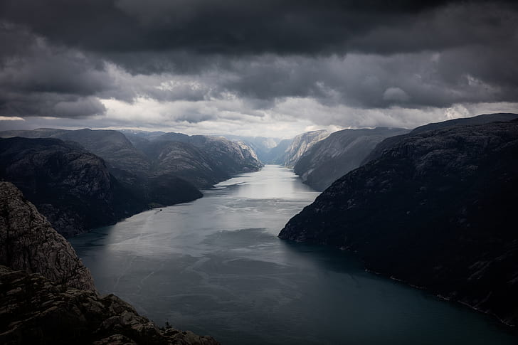 norway lysefjord, river, moutains, dark clouds, Landscape, HD wallpaper