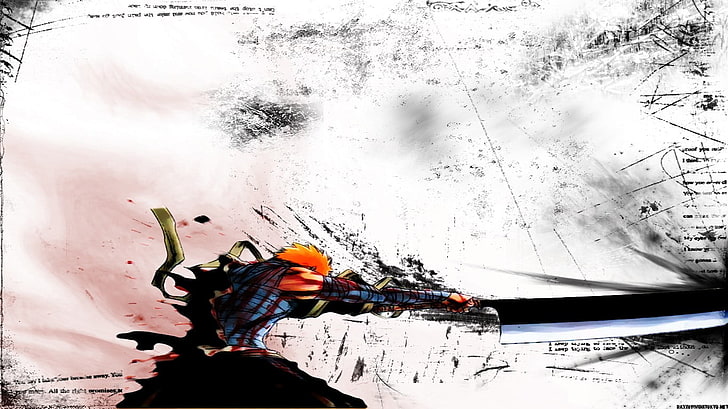 белый и разноцветный плакат Bleach, аниме, Bleach, Куросаки Ичиго, письменность, гранж, меч, HD обои