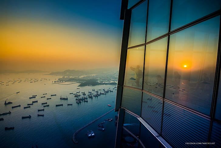 glass building facing body of water, Sunset, building, body of water, ICC, mall, Tower, Reflection, Kowloon, Hong  Kong, Barge  Port, Photographer, LANDSCAPE, Asia, Travel, Nikon, Sigma, architecture, business, window, cityscape, blue, HD wallpaper