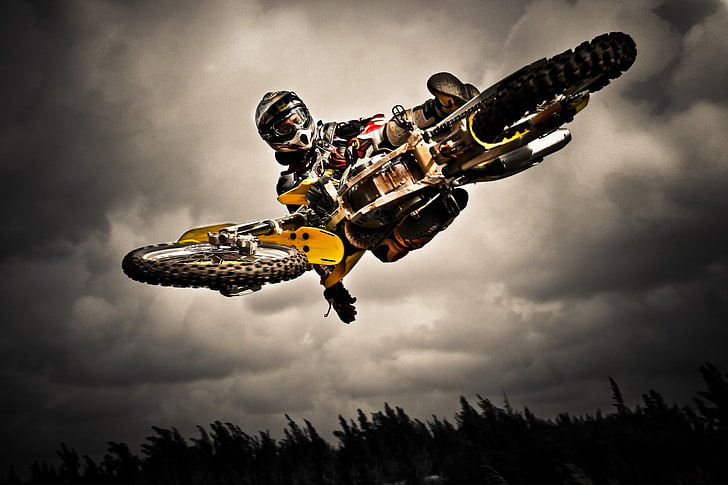 weißes, schwarzes und gelbes Motocross-Fahrrad, Schmutzfahrräder, Kreuz, Motorrad, Sport, Fahrzeug, HD-Hintergrundbild