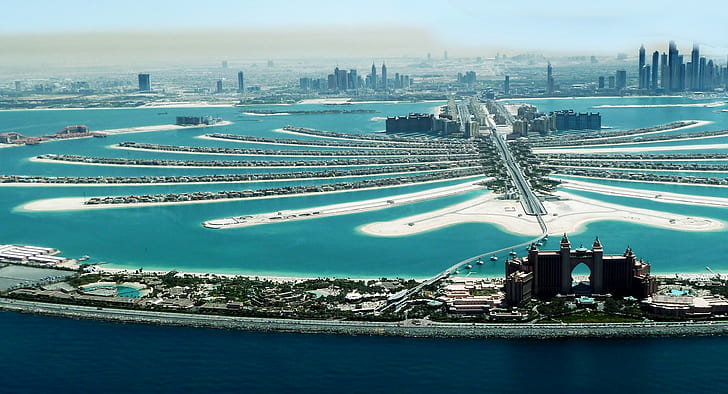 Palm Jumeirah, Insel, Stadt, Stadtansicht, Gebäude, Meer, Palm Jumeirah, Insel, Stadt, Stadtansicht, Gebäude, Meer, HD-Hintergrundbild