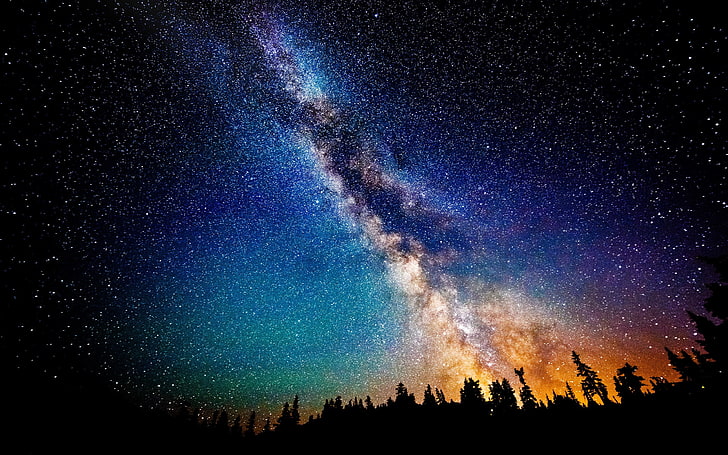 Vintergatan, kosmosfoto under natten, natt, rymden, stjärnor, Vintergatan, träd, rymdkonst, digital konst, landskap, himmel, natur, HD tapet