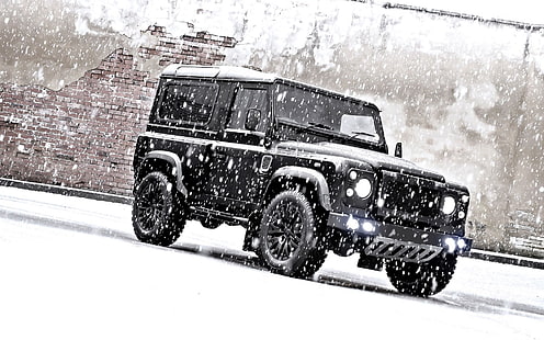 czarny Jeep Wrangler, śnieg, jeep, SUV, tuning, land Rover, kahn, land rover defender, Tapety HD HD wallpaper