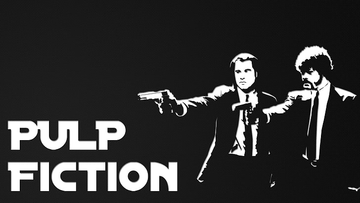 Fiksi Pulp, film, tipografi, Samuel L. Jackson, John Travolta, pistol, karya seni, Quentin Tarantino, Wallpaper HD