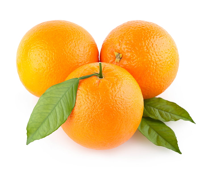 three orange fruits, oranges, three, leaves, white background, HD wallpaper