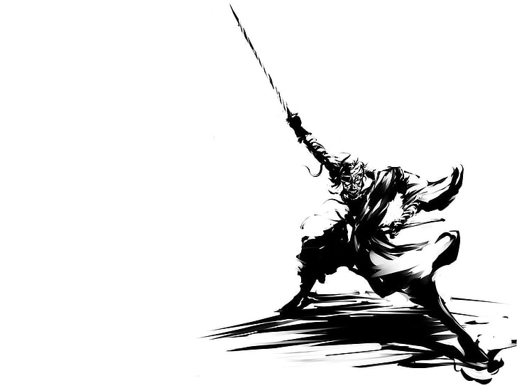 sketsa pendekar pedang hitam, satu warna, latar belakang putih, Wallpaper HD