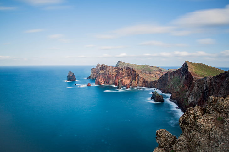brown rock monolith, alam, lanskap, laut, awan, matahari terbenam, horizon, madeira, Portugal, Kepulauan Canary, Wallpaper HD