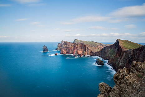 коричневый камень монолит, природа, пейзаж, море, облака, закат, горизонт, Мадейра, Португалия, Канарские острова, HD обои HD wallpaper