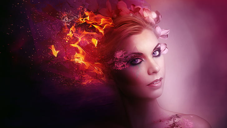 mujer con papel tapiz de pelo floral y llameante, luciérnagas, maquillaje, primer plano, mujer, HD, Fondo de pantalla HD