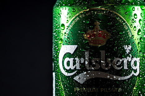 cerveja, bebida, Carlsberg, gotas de água, lata, HD papel de parede HD wallpaper