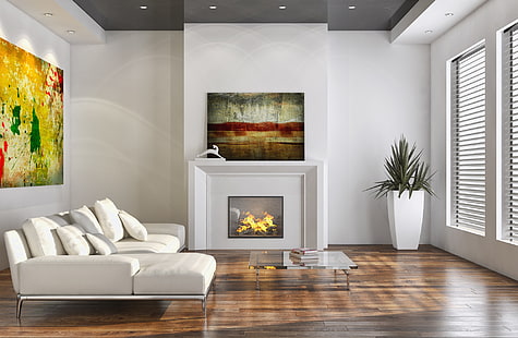 белый секционный диван, мебель, интерьер, камин, гостинная, HD обои HD wallpaper