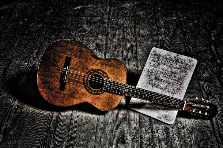 brown acoustic guitar, notes, music, guitar, HD wallpaper